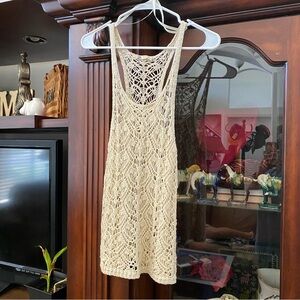 Boho Cream Open Knit Crochet Dress Swim Coverup Women’s S/M Hippie Festival
